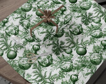 Green Toile Christmas Gift Wrap with Vintage Ornaments, Holly, and Pine Sprigs for Elegant Holiday and Winter Wrapping