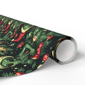 Alien Christmas Tree Wrapping Paper | Unique Sci-Fi Holiday Gift Wrap | Fun Alien Ornaments Christmas Wrapping Paper