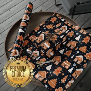 Gingerbread Man and Gingerbread House Christmas Holiday Winter Wrapping Paper Blue Background | Abstract Pattern Themed Christmas Gift Wrap