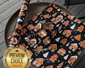 Gingerbread Man and Gingerbread House Christmas Holiday Winter Wrapping Paper Blue Background | Abstract Pattern Themed Christmas Gift Wrap
