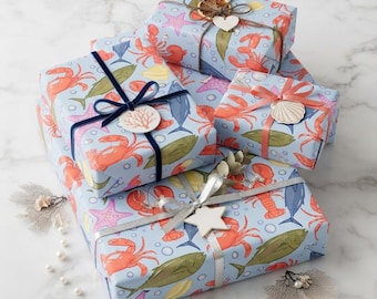 Coastal Gift Wrap, Nautical Wrapping Paper, Beach Sea Life With Glossy Or Matte Finish