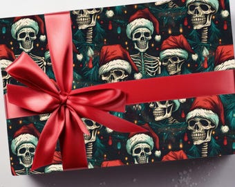 Santa Hat Skeleton Christmas Spooky Wrapping Paper, Spooky Skull Holiday Themed Gift Wrap for Xmas Presents, Haunted Christmas Giftwrap