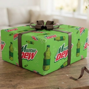 Mt Dew Gift Wrap, Green Soda Wrapping Paper with Matte or Glossy Finish