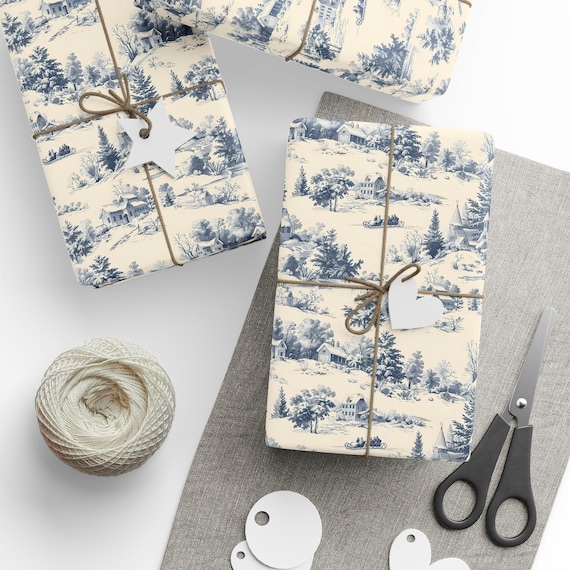 Blue Toile Winter Village Christmas Gift Wrap Rolls