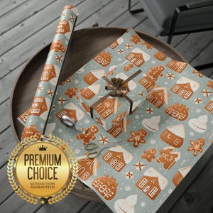 Gingerbread House and Marshmallow Christmas Holiday Winter Wrapping Paper on Snowy Background | Gingerbread House Themed Christmas Gift Wrap