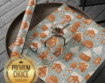 Gingerbread House and Marshmallow Christmas Holiday Winter Wrapping Paper on Snowy Background | Gingerbread House Themed Christmas Gift Wrap