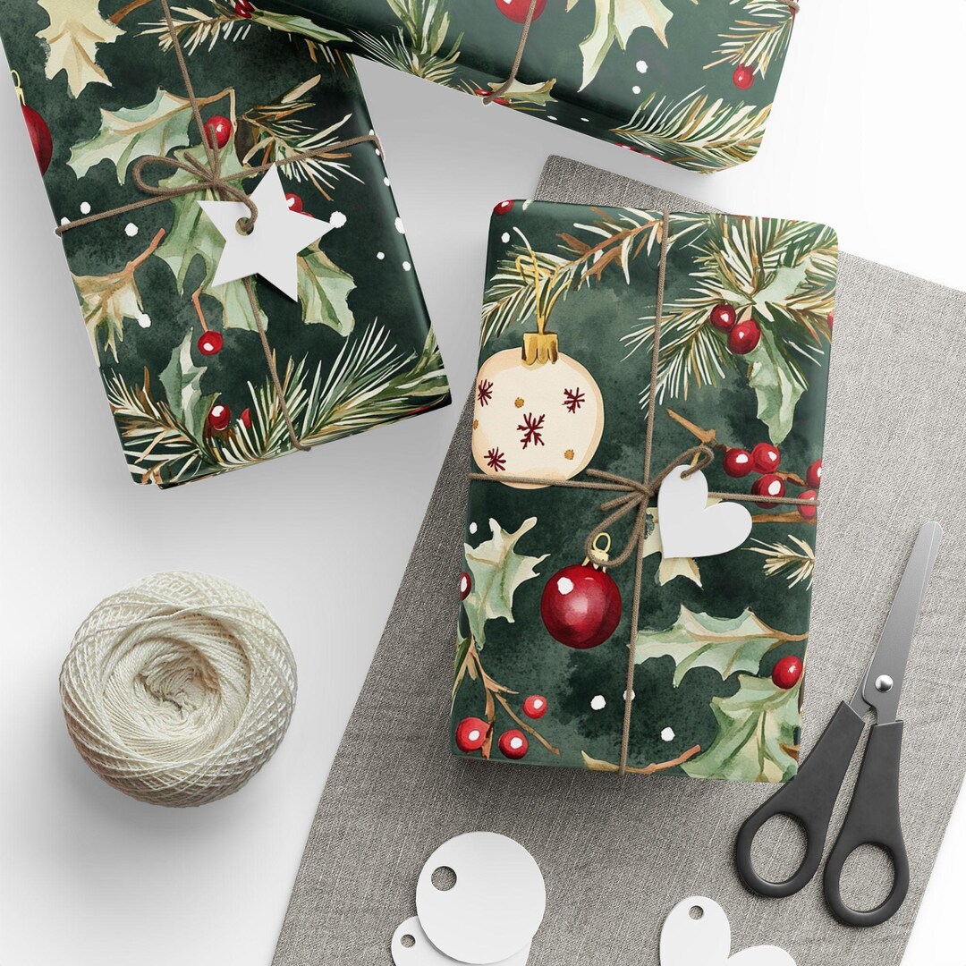 Christmas Holly Berries Wrapping Paper Roll Festive Gift Wrap for ...