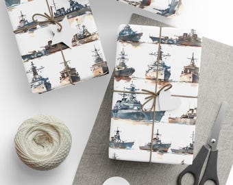 Warships Gift Wrapping Paper, Navy Ships Wrapping Paper for Holidays and Birthdays, Battleship Gift Wrap for Christmas and Parties