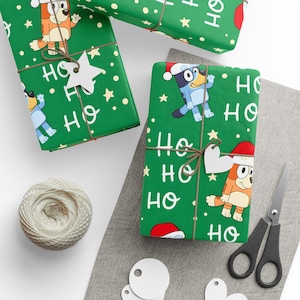 Green Christmas Bluey and Bingo Gift Wrap, Red Bluey Holiday Wrapping Paper, Bluey and Bingo Gift Wrap, Kids Party Bluey Wrapping Paper