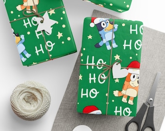Green Bluey and Bingo Christmas Gift Wrap, Kids Holiday Wrapping Paper