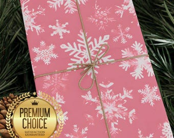 Pink Snowflake Wrapping Paper, Christmas Gift Wrap, Winter Theme