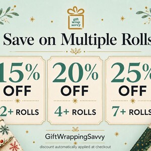 Promotional graphic on a pale green background advertising multi-roll discounts of 15 percent, 20 percent, and 25 percent off.