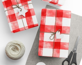 Red Gingham Wrapping Paper Rolls for Christmas or Birthday Gifts, Picnic Style Holiday Present Wrap, Rustic Farmhouse Giftwrap