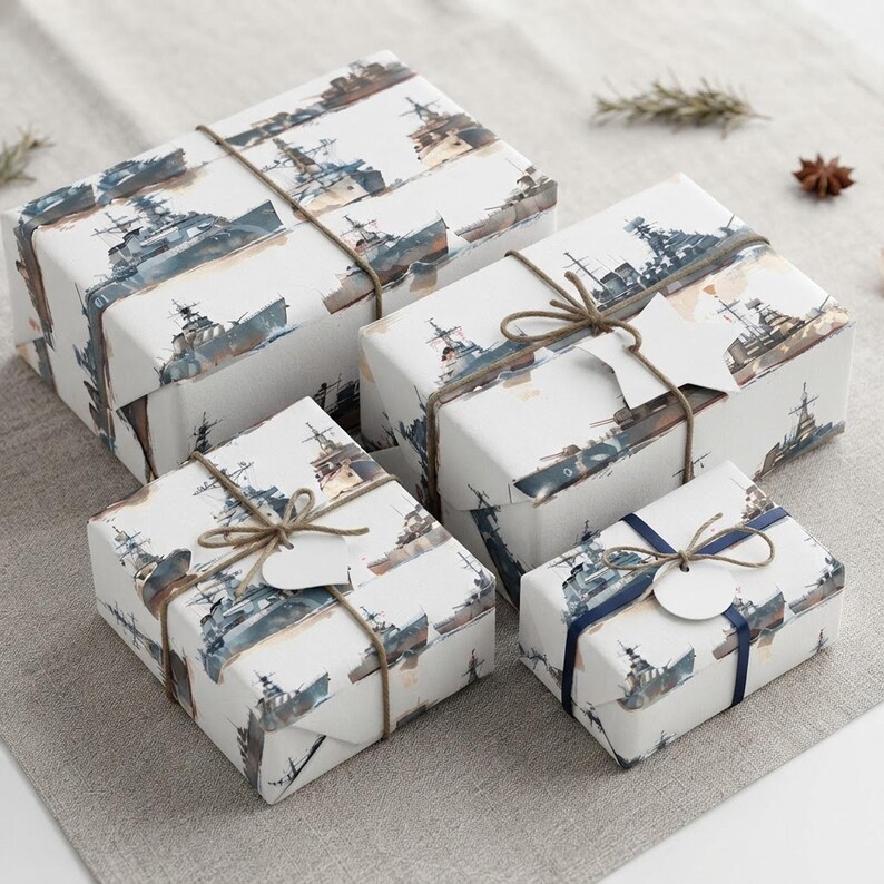 Warships Gift Wrapping Paper, Navy Ships Wrapping Paper for Holidays and Birthdays, Battleship Gift Wrap for Christmas and Parties shown in an AI-generated listing photo