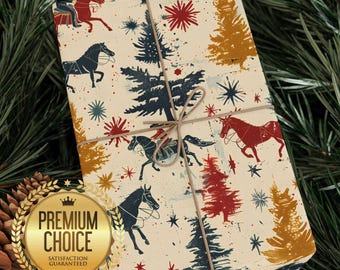 May include: Wrapped gift with a cream-colored paper featuring a repeating pattern of horses, trees, and stars in red, navy, and gold. Tied with twine, the gift is decorated with a gold seal that reads "Premium Choice, Satisfaction Guaranteed."