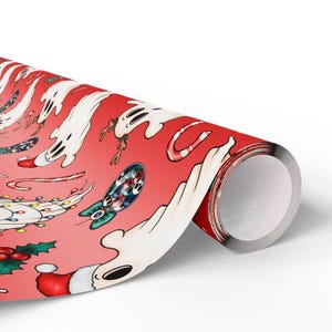 Boo! Christmas Giftwrap for Spooky Presents, Halloween Themed Holiday Gift Wrapping Paper, Red Xmas Ghost Wrapping Paper