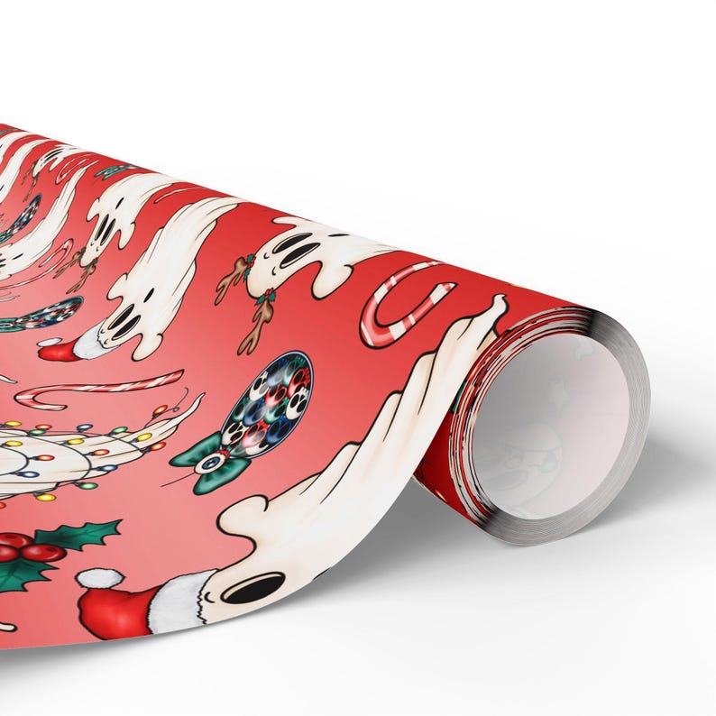 Boo! Christmas Giftwrap for Spooky Presents, Halloween Themed Holiday Gift Wrapping Paper, Red Xmas Ghost Wrapping Paper
