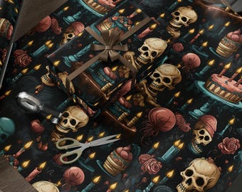 Gothic Skull Wrapping Paper Dark Birthday Gift Wrap Rolls Halloween Spooky Party Wrapping for Horror Fans or Alternative Celebrations