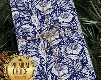 Papel de regalo floral botánico azul marino estilo William Morris con un elegante e intrincado diseño de líneas artísticas. Papel de regalo William Morris para cumpleaños.
