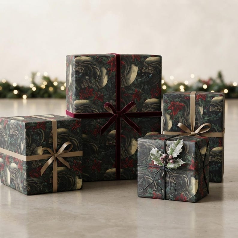 Alien Xenomorph Christmas Wrapping Paper | Sci-Fi Horror Gift Wrap shown in an AI-generated listing photo