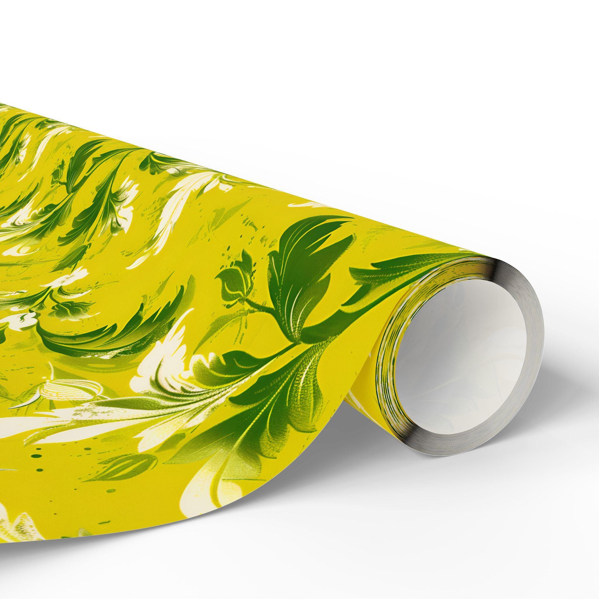 Chartreuse and Green Floral Leaf Wrapping Paper for Birthdays ...