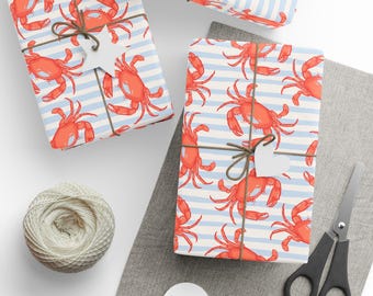 Coastal Crab Wrapping Paper, Nautical Blue Stripes