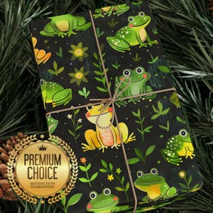 Adorable Green and Yellow Frog Wrapping Paper, Amphibian Lover Gift Wrap for Parties and Birthdays, Swamp Giftwrap for Christmas