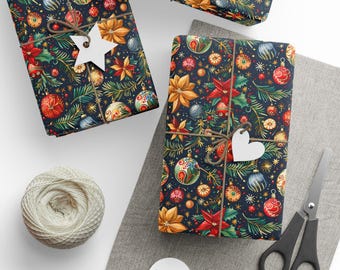Papier cadeau décoration de Noël élégante, étoiles bleu marine et dorées