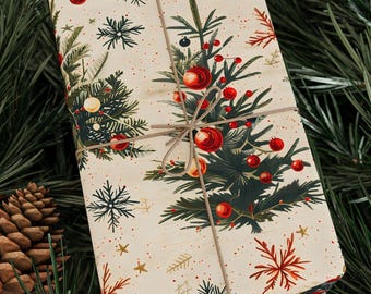 Vintage Christmas Gift Wrapping Paper, Festive Christmas Tree Giftwrap for Holidays, Xmas, Nostalgic Christmas Presents