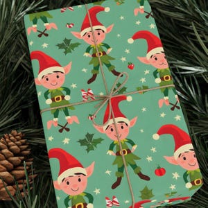 Green ELF CHRISTMAS Gift Wrapping PAPER, Xmas Holiday Santa Lover Funny Winter Wrapping Paper Roll