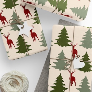 Burgundy Deer and Evergreen Christmas Wrapping Paper with Beige Background for Rustic Holiday and Winter Gift Wrap