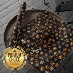 SNOWFLAKES Christmas Gift WRAPPING PAPER, Black and Gold Xmas Holiday Winter Gift Wrap Paper