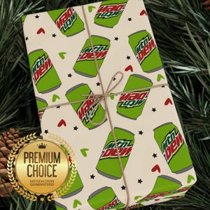 Papel de regalo Mountain Dew: Papel de regalo divertido y original de latas de refresco Mt. Dew para amantes de las bebidas, regalos de Navidad y cumpleaños.