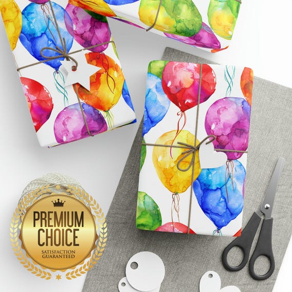 Rainbow Balloon Watercolor Birthday Wrapping Paper, Boys/Girls Birthday Gift Wrap, Balloon Rainbow and White Scrapbooking Paper