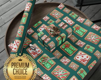 Papel de regalo para galletas navideñas verdes / Papel de regalo con temática navideña roja, blanca y verde