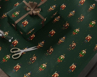 Inpakpapier notenkraker: bosgroen, vintage cadeaupapier speelgoedsoldaat