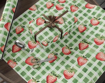 Strawberry Gingham Wrapping Paper: Cottagecore Gift Wrap, Bridal Shower, Birthday