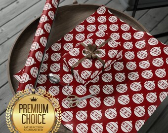 Red and White Christmas Ornament Themed Wrapping Paper | Red White Christmas Themed Gift Wrap