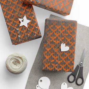 Fleur-de-Lis Halloween Wrapping Paper Orange and Black Gothic Gift Wrap Rolls for Haunted Weddings, Spooky Gifts, or Fall Occasions