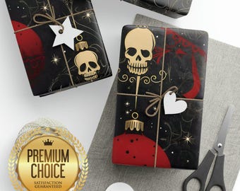 May include: Black wrapping paper featuring a gold skull design, red circular ornaments, and white star-shaped accents. The paper is tied with brown twine and includes a white star-shaped gift tag and a white heart-shaped gift tag.