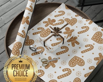 Papel de regalo navideño de jengibre para invierno / Papel de regalo de jengibre, bastón de caramelo, pino y acebo 2023