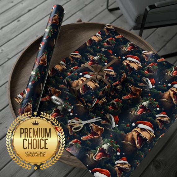 Christmas Dinosaur Wrapping Paper, Dinosaurs in Santa Hats Gift Wrap, T-Rex Gift Wrap, Dino X-Mas Paper, Dino Kids Gift Wrap, wp101