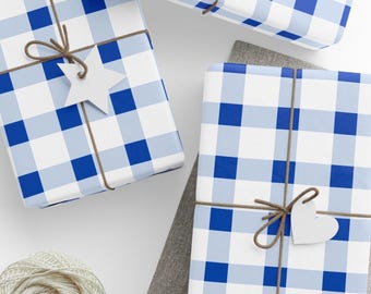 Blue and White Gingham Christmas Wrapping Paper Classic Plaid Winter Gift Wrap for Holidays Birthdays or Hanukkah Presents