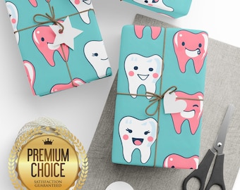 Happy Teeth Wrapping Paper, Dentist Wrapping Paper, Oral Hygiene Gift Wrap, Dental Toothpaste Toothbrush Mouth Wash Gift Wrap