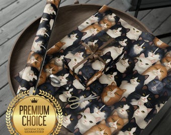 Papel de regalo navideño con diseño de gatos: papel reutilizable con estampado de animales, el regalo perfecto para los amantes de los gatitos.