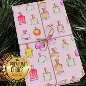 Pastellrosa Parfümflaschen Geschenkpapier, glamouröse Geburtstagsgeschenkverpackung für Mode-Liebhaber, Designer Parfümflasche Geschenkverpackung