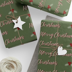 Green and Burgundy Merry Christmas Wrapping Paper with Holly Pattern for Holiday and Xmas Gift Wrap