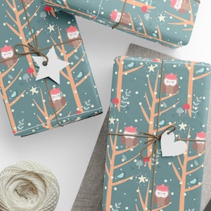 Christmas Wrapping Paper with Winter Owls in Hats Snowy Trees and Birds Holiday Woodland Gift Wrap for Kids and Cozy Presents