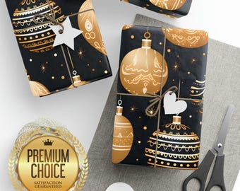 Goldene und schwarze Weihnachtsgeschenkpapierrollen, elegante Geschenkpapierrolle, Feiertag goldene Verzierungen Geschenkpapier, Weihnachtsklassiker Geschenkpapierrolle