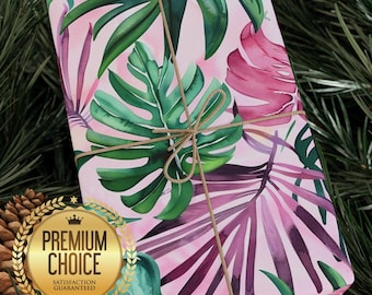 Papel de regalo Tropical Paradise - Papel de regalo hawaiano para cumpleaños y regalos de Navidad - Papel de regalo de isla rosa y verde